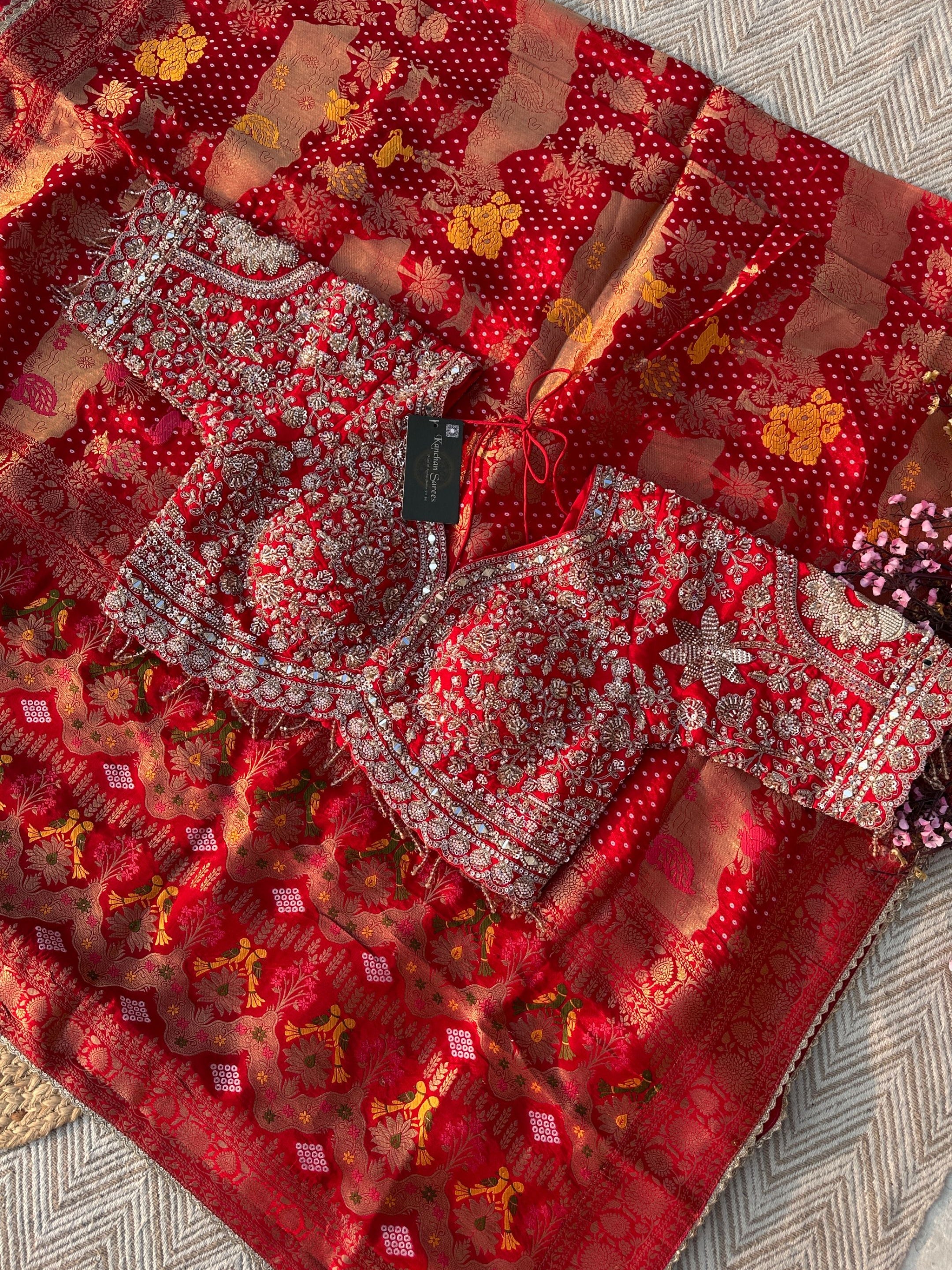 Red Crepe Saree with Blouse with Cutdana, Zari, Sequins, Mirror, Pearl and Weaving Embroidery 9